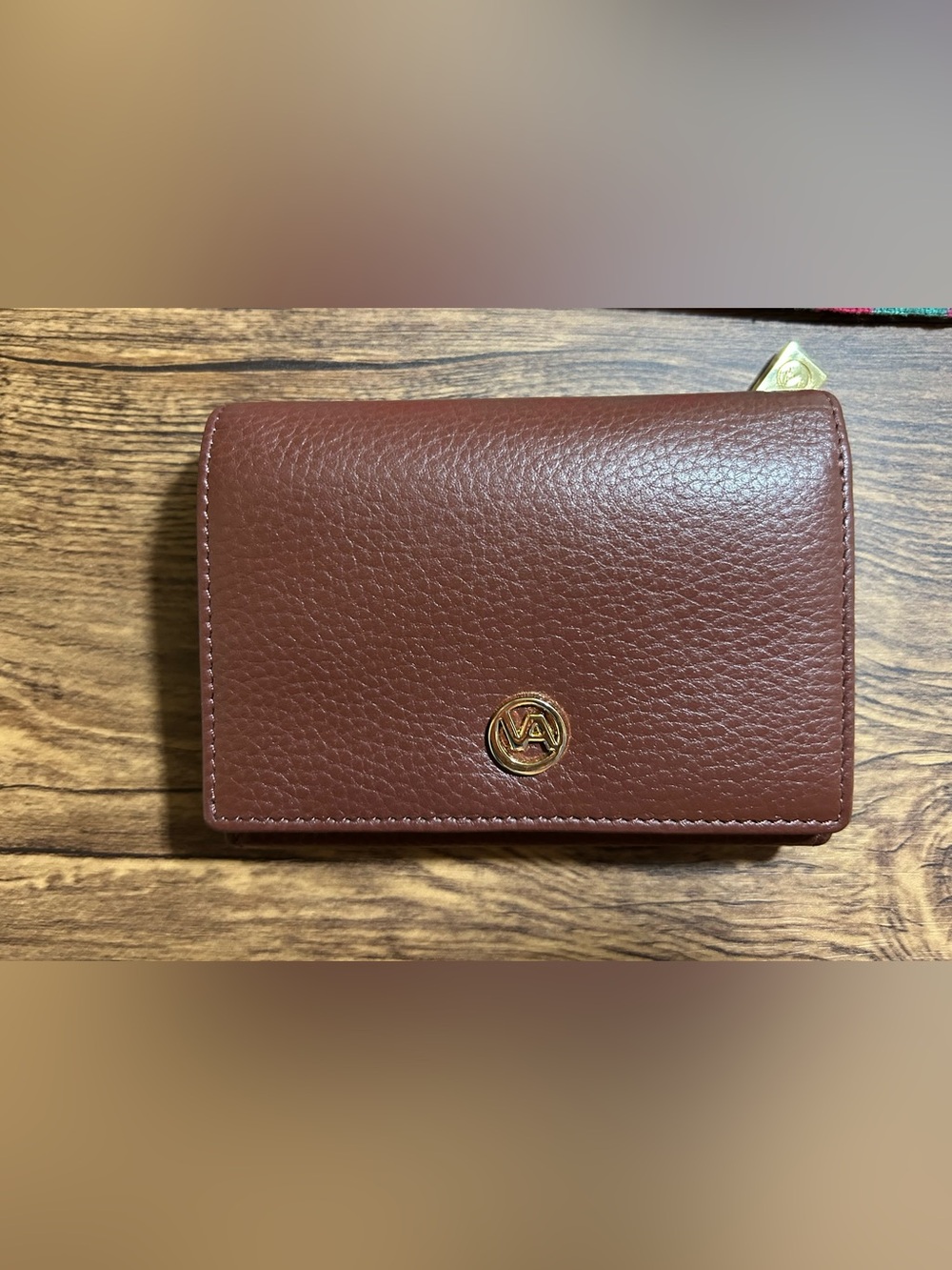 Women’s Pebbled Brown Trifold Wallet with Gold Accent